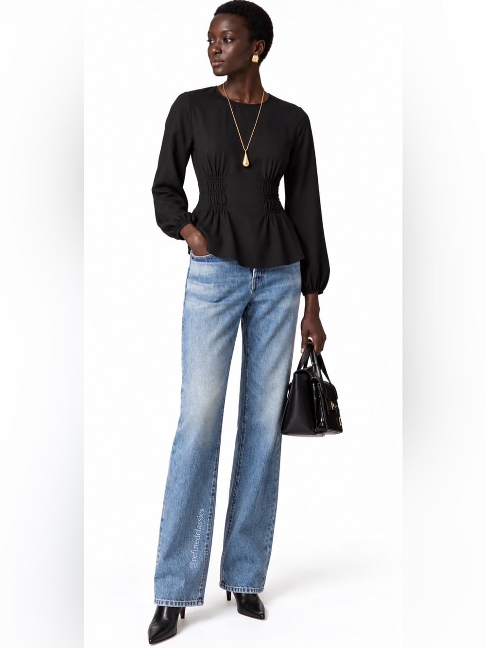 J.Crew long sleeve black Shirred-waist top in viscose crepe